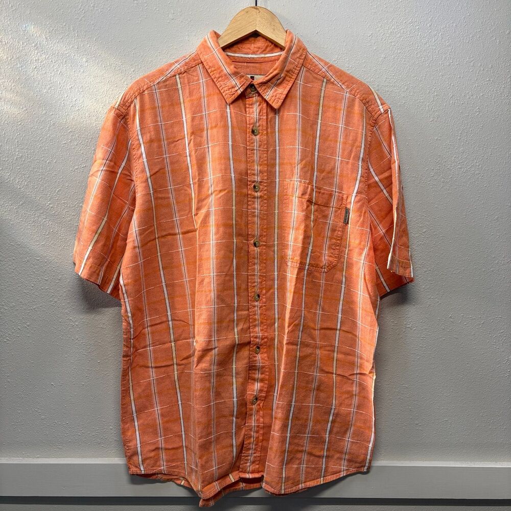Woolrich Shirt Men Large Short Sleeve Button Orange Check Lightweight Outdoor